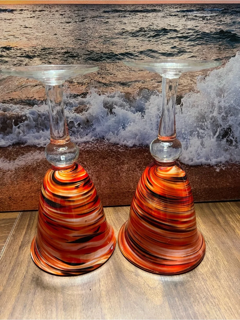 Pier 1 Handblown Glass Goblets ppin Orange & Black Swirl
